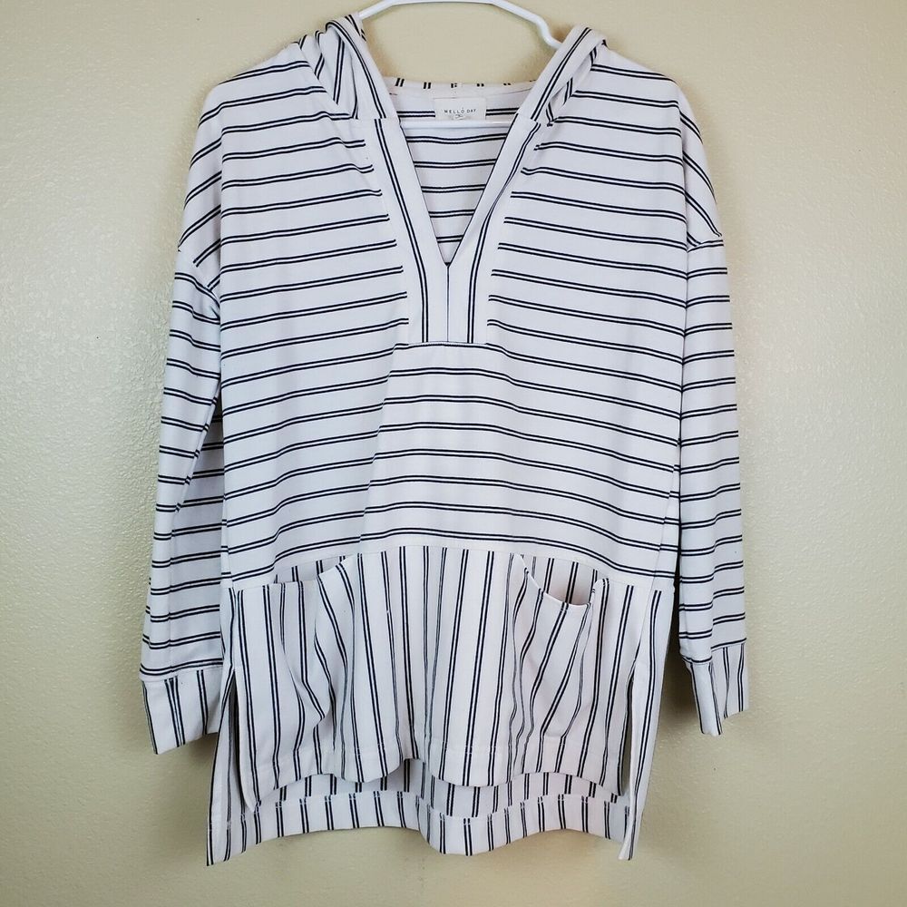 Women's‎ Mello Day Beach Hoodie Whit Striped Pullover Sweater Size Small